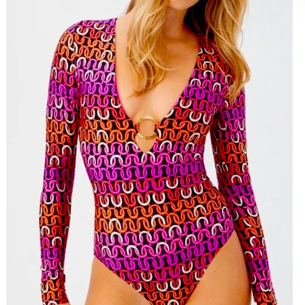 NWOT Trina Turk Swimsuit Echo Long Sleeve One-Piece Rash guard hot pink orange S